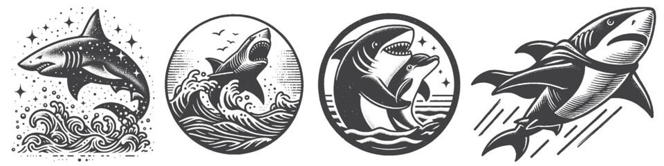 Fototapeta premium Vintage Hand-Drawn Shark Superhero Collection Illustration, Comic Sea Creature Engraved Style Vector for T-Shirts and Fantasy Adventure Themes Design