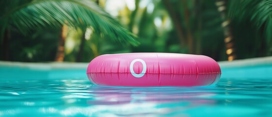 Tropicalthemed vibrant pool floaties with palm leaves and coconut drinks, summer paradise