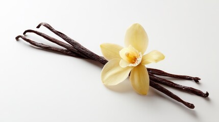 A beautiful vanilla flower alongside vanilla pods, elegantly displayed on a clean white background, symbolizing purity and the richness of flavor in culinary arts.