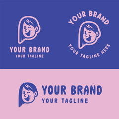 Cute retro cartoon girl logo in pink and blue. Perfect for kid-friendly branding, girly products, or playful merchandise. Provided in editable EPS vector format for versatile design use