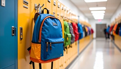Colorful backpacks hanging on lockers in a school hallway.
