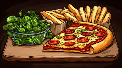 Delicious pizza slice with fries and salad overhead view