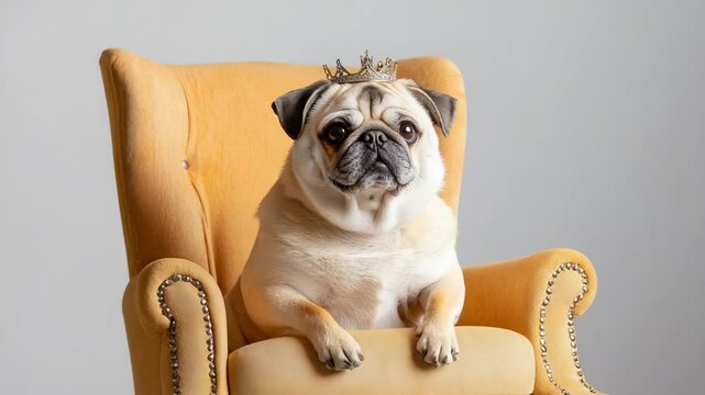 International dog day. A pug wearing a crown sits regally on a yellow armchair against a plain background.