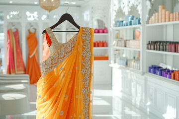 Saree Indian dress in white luxury boutique background. Indian attire in fashion store. Festive outfit. Beautiful Bollywood clothing. Stylish orange party dress. Handloom saree salon. Banner