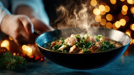 A chef presents a steaming gourmet dish filled with succulent pieces of meat and vibrant greens, evoking warmth and the joy of shared dining experiences during celebrations.