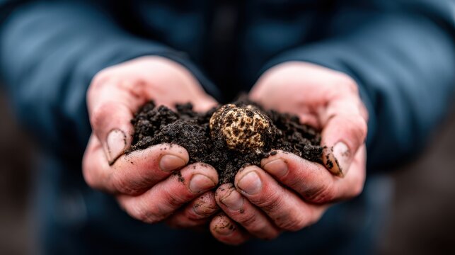 Close-up of hands cradling dark soil featuring a distinctive mushroom, emphasizing the connection humans have with nature and the importance of biodiversity and sustainable ecosystems.