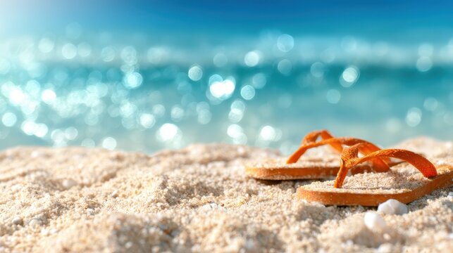 A close-up image of flip-flops resting on soft sand, capturing the essence of summer, vacation, and the carefree spirit of beach life against a shimmering ocean backdrop.