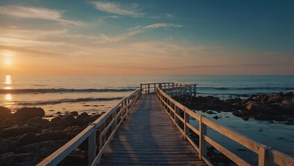 Fototapeta premium Sunset Serenity: A Wooden Boardwalk Leading to the Horizon