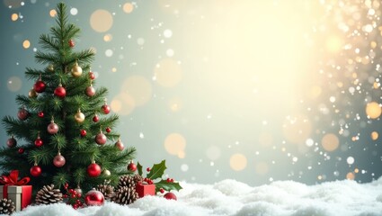 Festive christmas tree adorned with ornaments and gifts on snow.