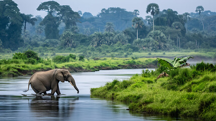 elephant in lake in a forest