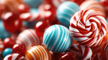 A vivid assortment of striped and colorful candies and lollipops creates a fun and playful composition, evoking nostalgia and happiness with their bright colors and shapes.