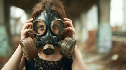 A woman wearing a vintage gas mask stands amidst an abandoned industrial setting, representing themes of survival, resilience, and the impact of environmental issues on society.