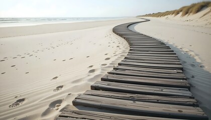 Beach Walkway: A winding wooden walkway snakes its way across a pristine sandy beach, leading towards a calm ocean horizon. Footprints in the sand tell a story of journeys taken.
