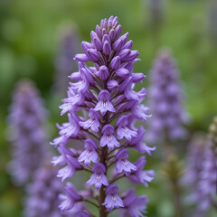 Delicate purple flowers in pyramidal arrangement on long spike,, anacamptis, delicate petals