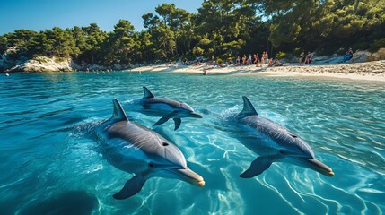 Obraz premium Sunshine Coast Shanghai dolphins frolic, tourists gather together