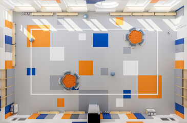 Modern school gym interior. The sport room in the school or kindergarten. Top view 3d render