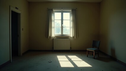 Empty room with a single chair and sunlight.