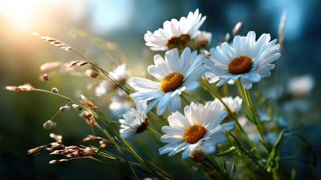 A field of daisies illuminated by warm sunlight captures the essence of nature's charm and purity, evoking feelings of joy, simplicity, and the beauty of life in every bloom. - Powered by Adobe