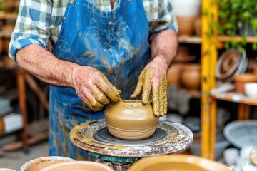 Skilled craftsman potter's hands shaping a clay pot on the potter's wheel