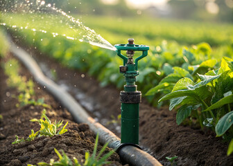 Sprinkler Irrigation of a Lush Agricultural Field: A close-up captures the dynamic water spray from a sprinkler, nourishing vibrant green plants.