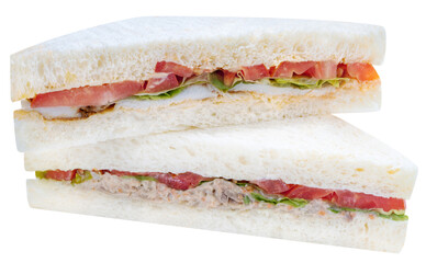 Sandwich with fresh vegetables and creamy salad dressing on white background PNG file.