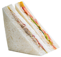 Sandwich with fresh vegetables and creamy salad dressing on white background PNG file.