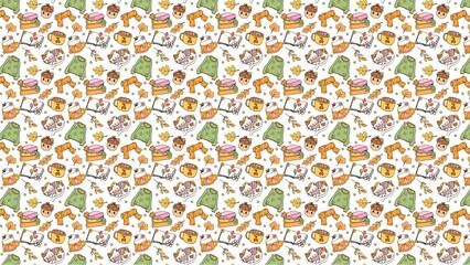 Seamless pattern of autumn themed items including books mugs sweaters and acorns on a white background
