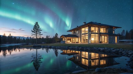 Obraz premium Luxury home aurora borealis lake reflection modern architecture nature scenic landscape real estate dream house