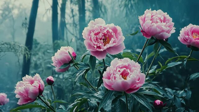 Camera captures peaceful movement of pink peonies in a serene forest setting during early morning light, Camera moving from right to left, shot of pink peony flowers blooming in a park in Henan, China