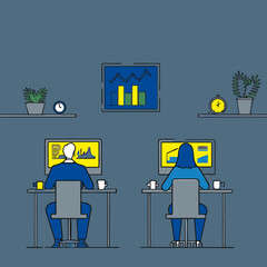 Flat Illustration of Business Professionals Analyzing Financial Data on Computers in a Modern Office