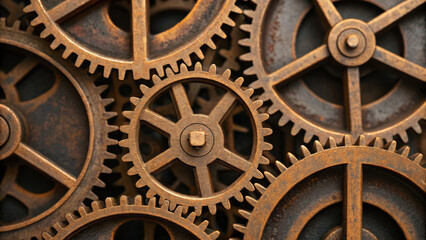 Rusty metal gear cog machinery industrial mechanical closeup engineering wheel teamwork aged texture brown. Inflation ,stagflation, recession and depression . Economic, financial crisis concept
