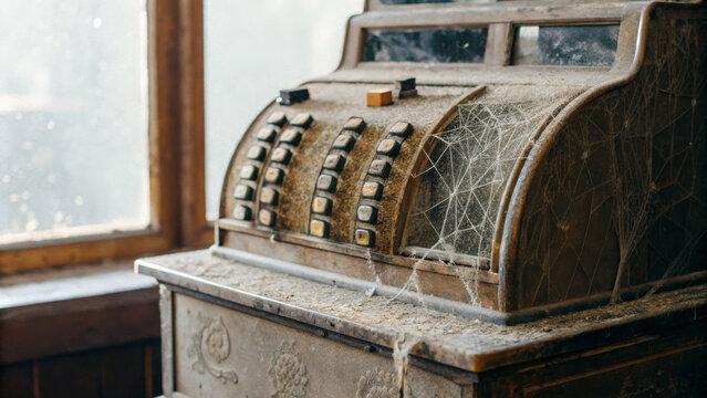 Old cash register dusty vintage antique abandoned cobweb retro metal nostalgic forgotten sits sunlight by. Inflation ,stagflation, recession and depression . Economic, financial crisis concept - Powered by Adobe