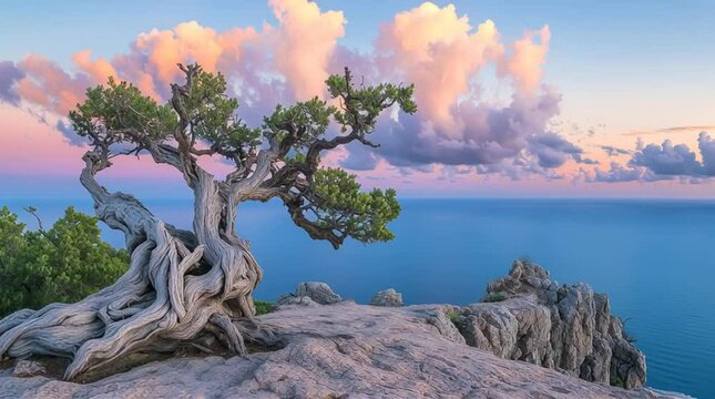 Solitary Juniper on Cliffside: An ancient juniper tree clings tenaciously to a rugged cliff edge, its gnarled branches reaching towards a serene seascape. The sky, a canvas of pastel hues.