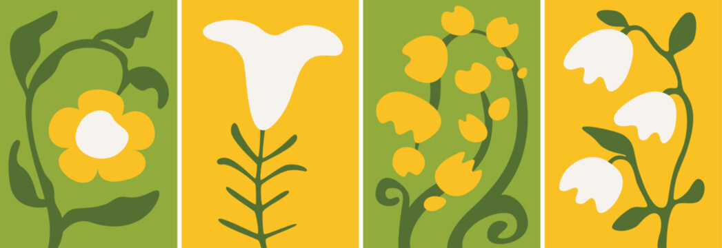 Set of posters with abstract white and yellow flowers. Natural designs in flat style.