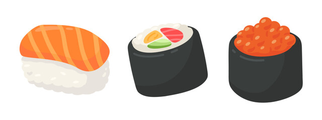 Vector Illustration of Various Sushi Types Including Nigiri, Maki, and Ikura on a White Background © anuwat