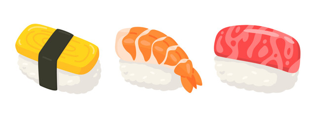 Colorful Vector Illustration of Sushi Nigiri with Tamago, Ebi, and Maguro on White Background