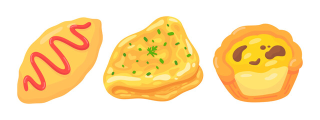 Illustrated Collection of Delicious Pastries Featuring Croissant, Pancake, and Tart with Vibrant Colors and Tasty Details