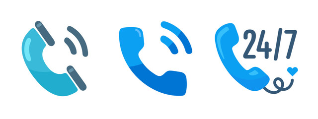 Set of Blue Phone Icons Representing Communication and Customer Support with 24/7 Availability
