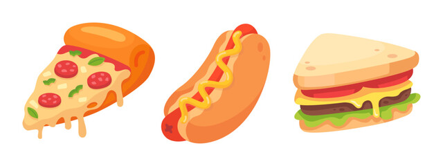 Delicious Fast Food Icons Featuring Pizza Slice, Hot Dog, and Sandwich with Cheese and Lettuce