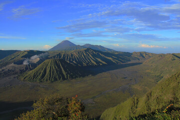 Early morning view of the Bromo caldeira in East Java in Indonesia. The volcanic formation of a few...