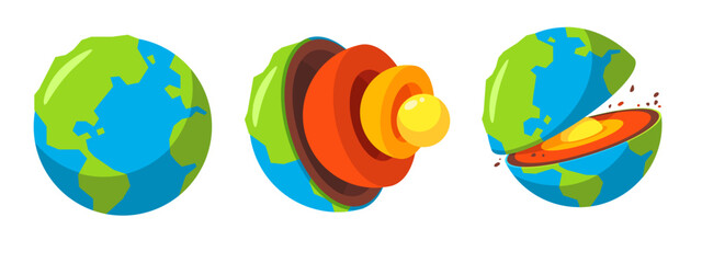 Colorful Illustration of Earth's Layers Showing Crust, Mantle, Outer Core, and Inner Core in Cross-Sectional View