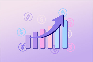 Business arrow growing on attractive color background, Profit red arrow, Vector illustration. Business concept, growing graph. Sales symbol icon concept with arrow moving up.