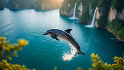 Dolphin Jumping Out of Water Waterfall Backdrop Tropical Island Scene