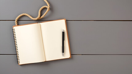 Rope noose and blank notebook with pen on grey wooden table, flat lay. Space for text