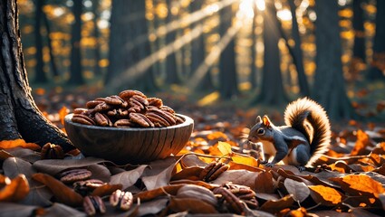 Squirrel foraging for nuts in autumn woodland with sunlight