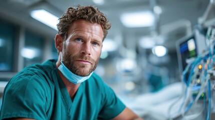 A healthcare professional in scrubs and a mask looks attentively at the camera in a hospital setting, representing compassion and care in the medical field during challenging times.