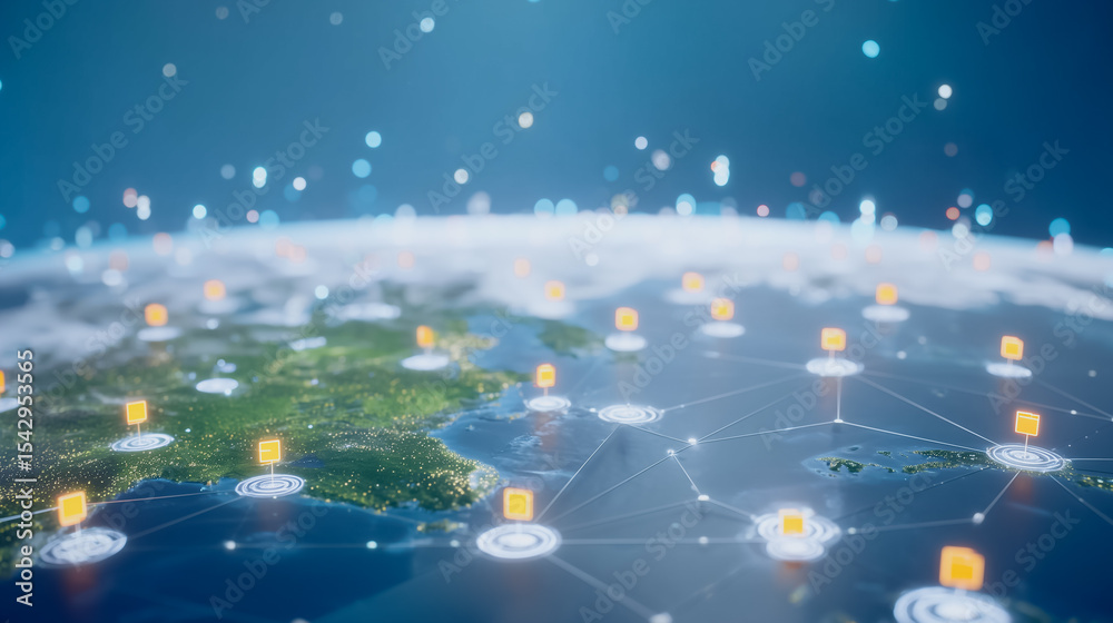 Poster global connectivity: a mesmerizing visualization of the world, interlaced with interconnected nodes,