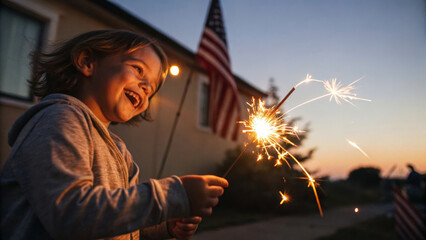 Joyful child holding sparkler outdoors, American flag, evening, festive. Kid celebrating 4th of July, family gathering USA patriotic moment