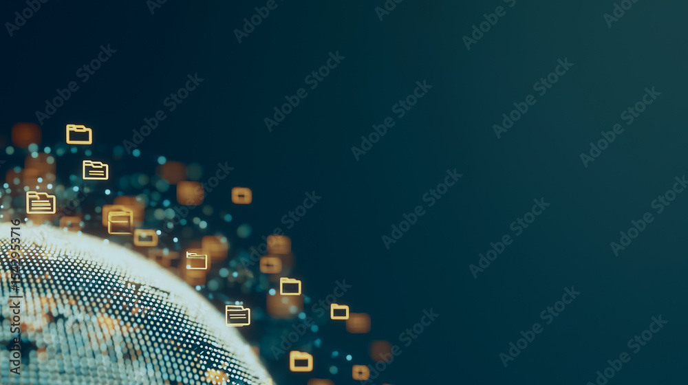 Poster digital network: a captivating image of a globe connected by luminous data streams. this graphic des