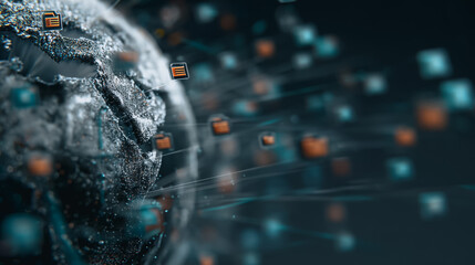 Global Data Transmission: Digital data streams weave across a detailed globe, showcasing worldwide information transfer and connectivity, symbolizing the interconnectedness of our digital age.
